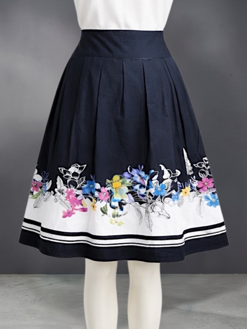 Christopher & Banks Black Floral-Trim Pleated Skirt